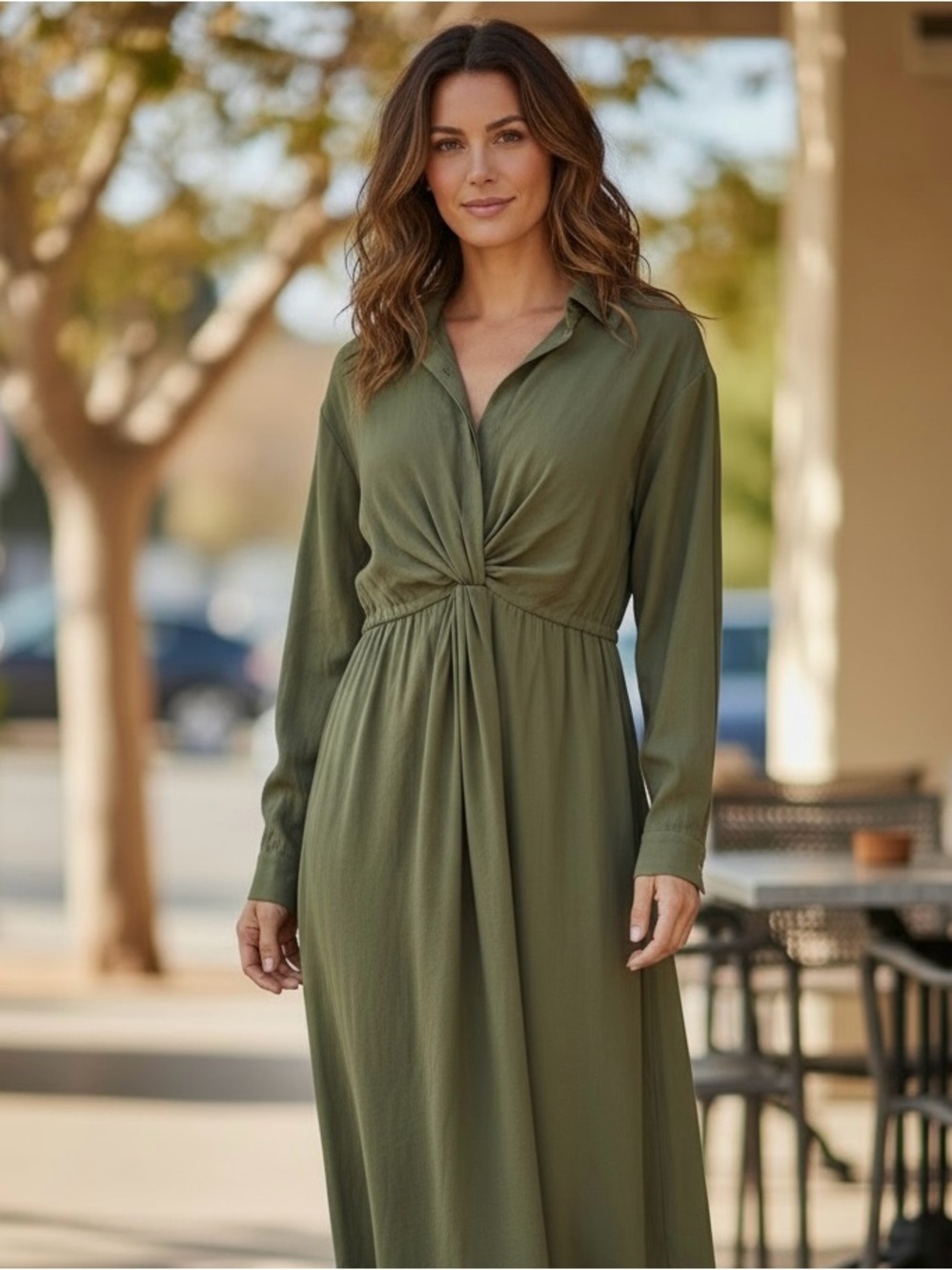 Anthropologie Olive Long-Sleeve Twist-Front Midi Dress
